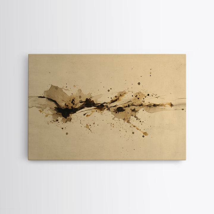 Ink Splatter and Long Brushstroke Composition Framed Canvas Print, Calligraphy Art, Unique Wall Art, Living Room Decor, Script, CAL-3x2-20