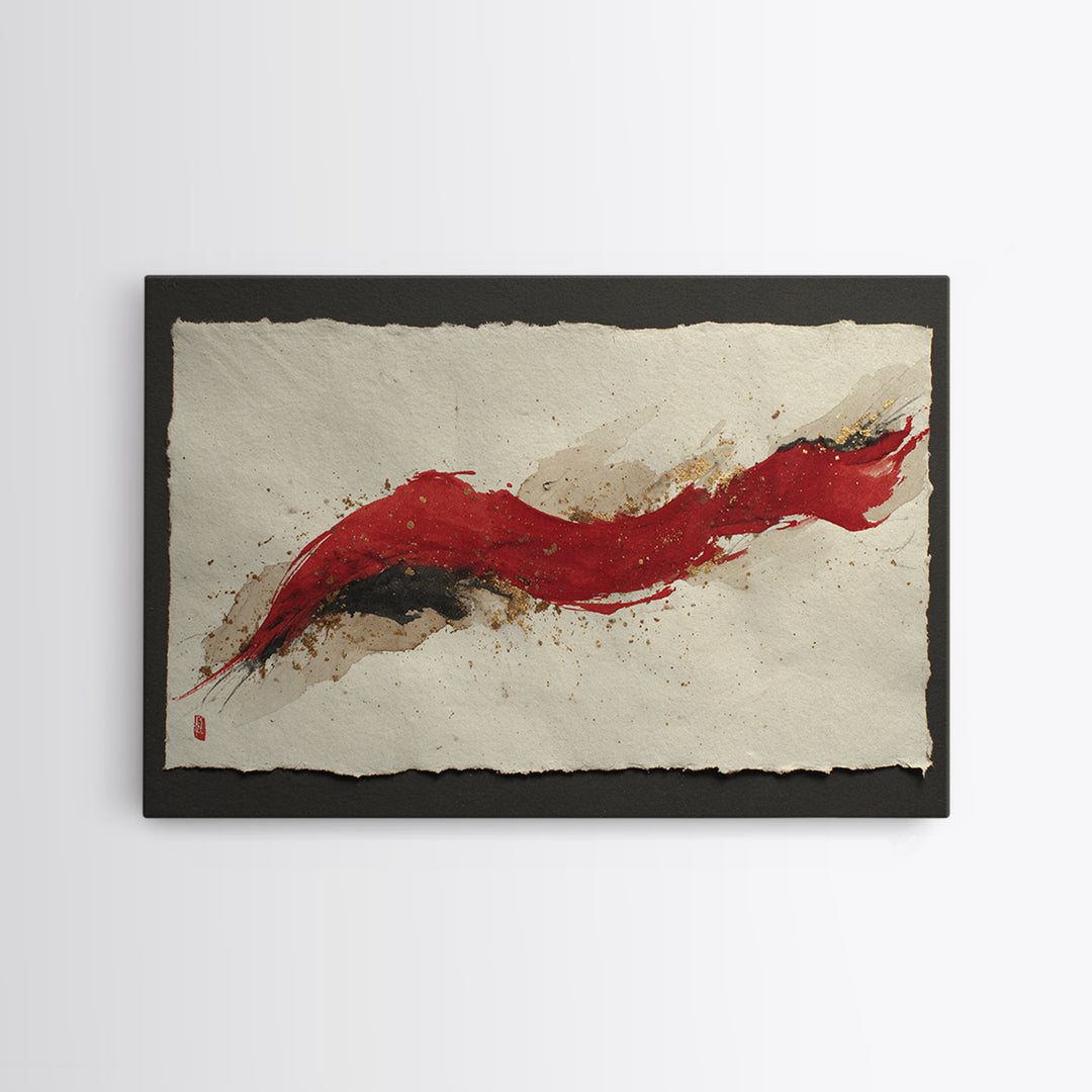 Bold Red Brushstroke Seal Abstraction Framed Canvas Print, Calligraphy Art, Japanese Art, Living Room Decor, Fine Art, Script, CAL-3x2-23