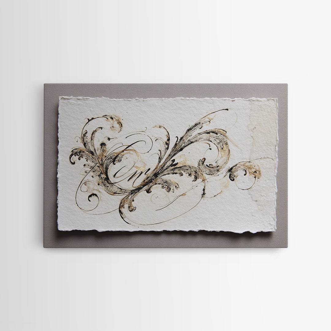 Baroque Scrollwork Made from Looping Pen Strokes Framed Canvas Print, Calligraphy Art, Custom Art, Living Room Decor, Script, CAL-3x2-40