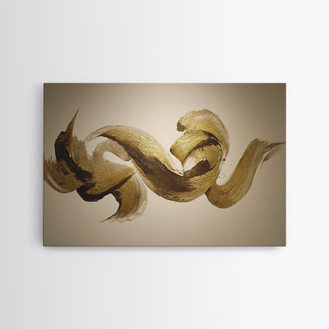 Abstract Gold Calligraphic Strokes on Ivory Paper Canvas Print, Calligraphy Art, Digital Print, Living Room Decor, Script, CAL-3x2-6