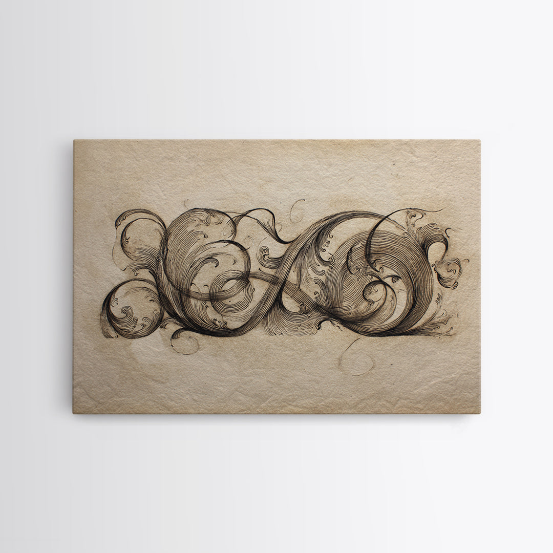 Baroque Scrollwork Made from Looping Pen Strokes Canvas Print, Calligraphy Art, Gallery Decor, Living Room Decor, Script, CAL-3x2-64