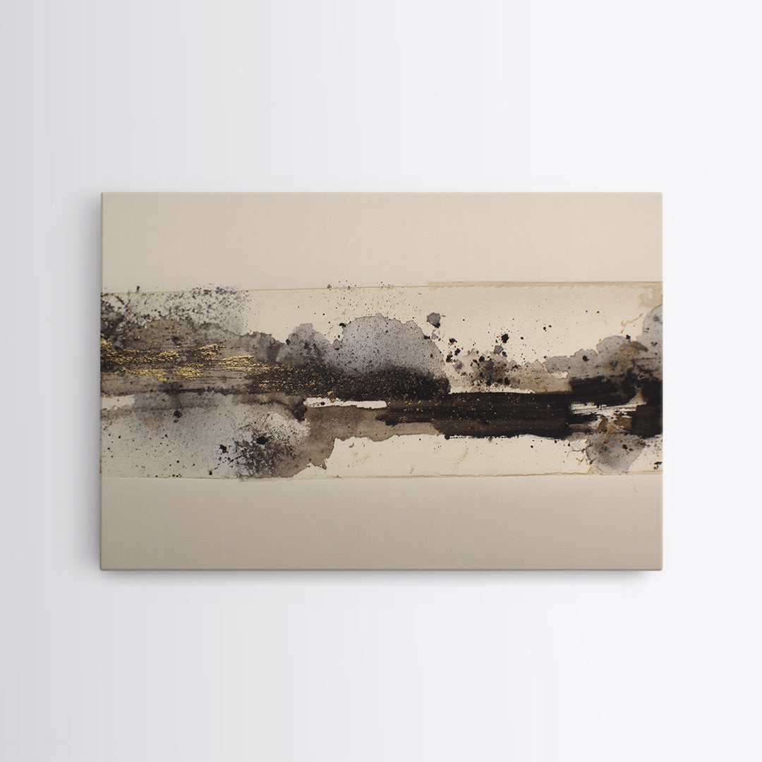 Ink Splatter and Long Brushstroke Composition Canvas Print, Calligraphy Art, Neutral Decor, Living Room Decor, Fine Art, Script, CAL-3x2-68