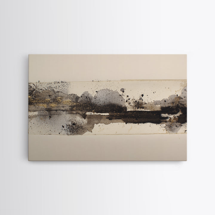 Ink Splatter and Long Brushstroke Composition Canvas Print, Calligraphy Art, Neutral Decor, Living Room Decor, Fine Art, Script, CAL-3x2-68