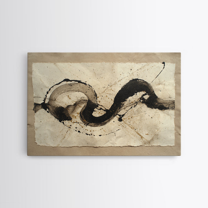 Large Sweeping Black Ink Gesture Like a Framed Canvas Print, Calligraphy Art, Gallery Decor, Living Room Decor, Script, CAL-3x2-77