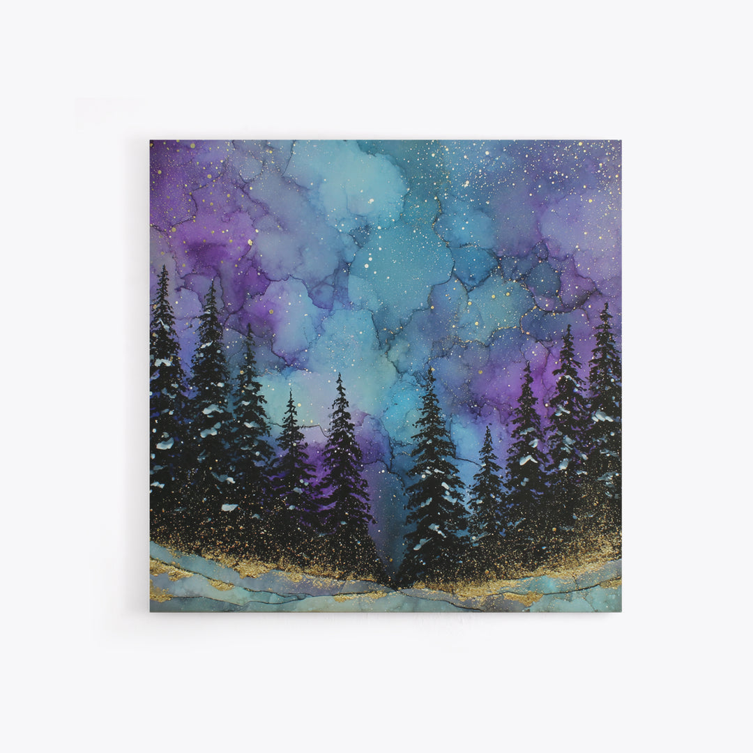 Aurora Borealis over Snowy Pines Framed Canvas Print, Celestial Art, Art Nouveau Decor, Living Room Decor, Fine Art, Celestial, CEL-1x1-41