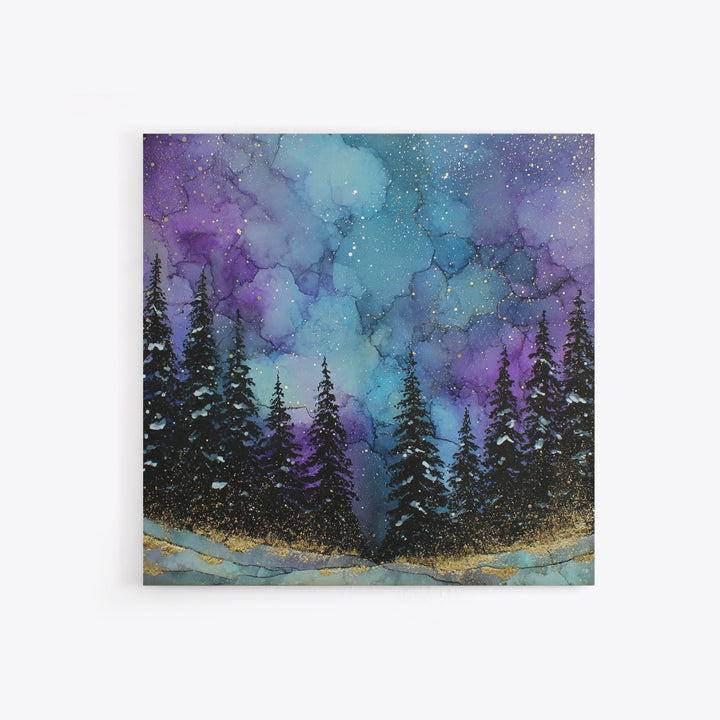 Aurora Borealis over Snowy Pines Framed Canvas Print, Celestial Art, Art Nouveau Decor, Living Room Decor, Fine Art, Celestial, CEL-1x1-41