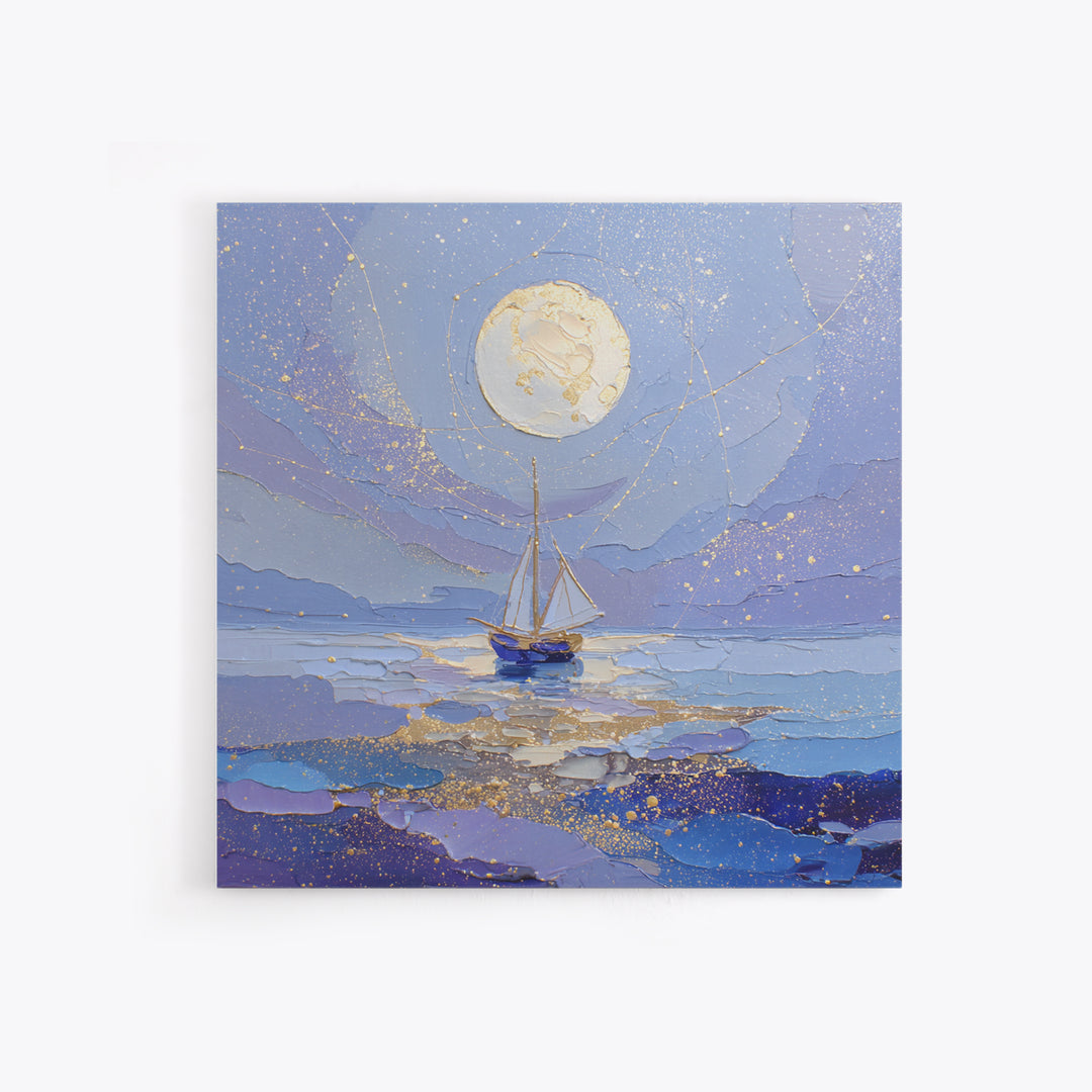 Tiny Sailboat Beneath a Huge Moon Framed Canvas Print, Celestial Art, Modern Art, Living Room Decor, Oil Painting, Celestial, CEL-1x1-43