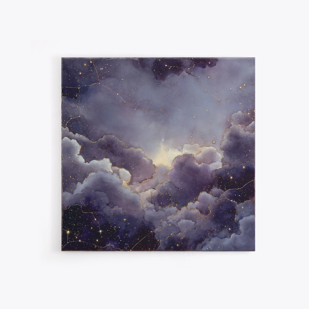 Moonlit Cloudscape with Silver Highlights Framed Canvas Print, Celestial Art, Animal Prints, Living Room Decor, Abstract Art, CEL-1x1-57