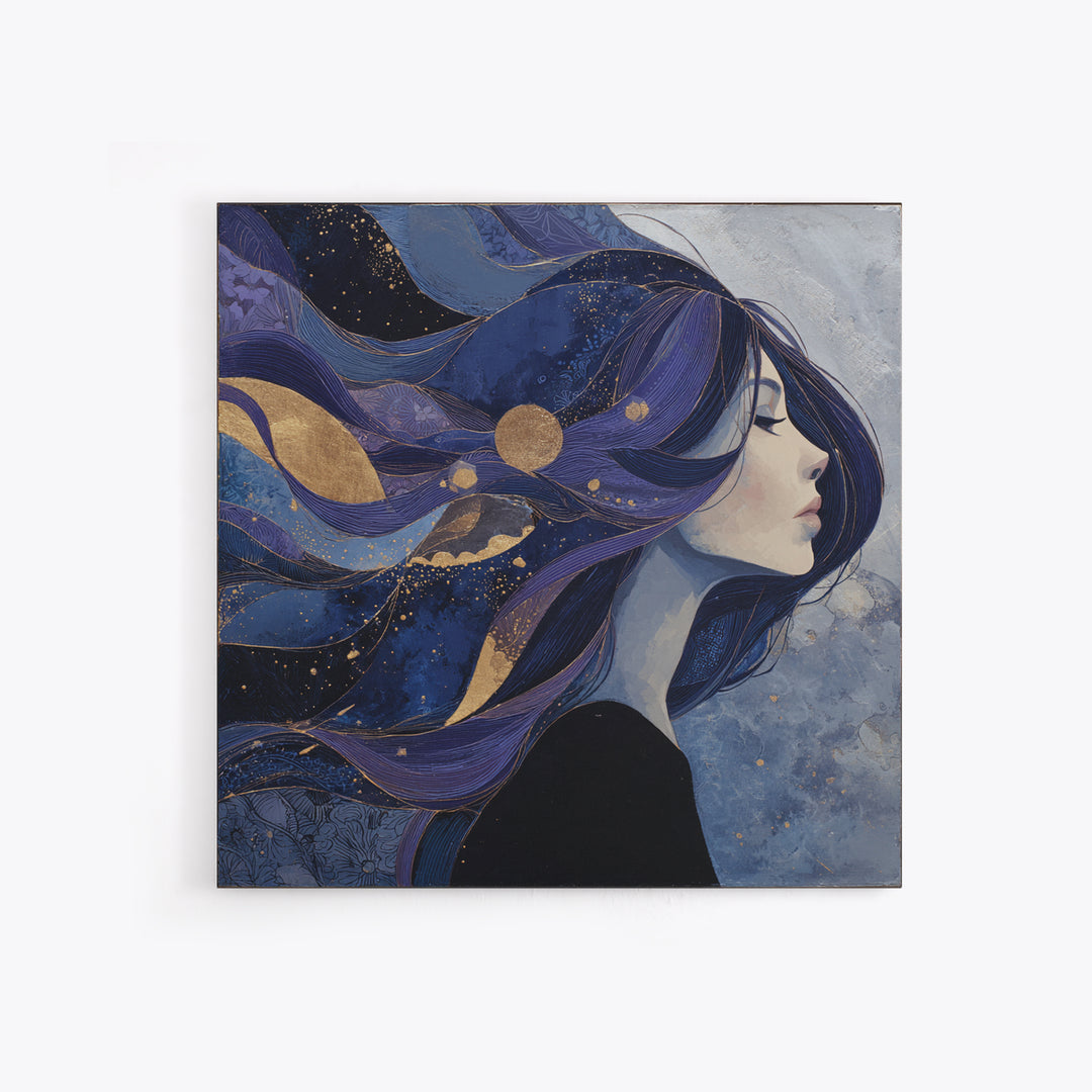 Celestial Goddess with Flowing Midnight Hair Framed Canvas Print, Celestial Art, Celestial, Living Room Decor, Celestial, CEL-1x1-7