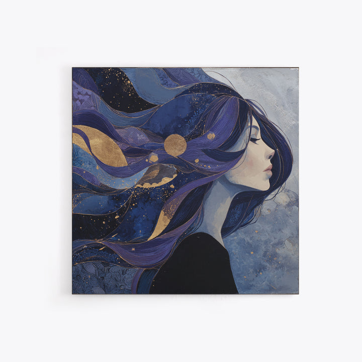 Celestial Goddess with Flowing Midnight Hair Framed Canvas Print, Celestial Art, Celestial, Living Room Decor, Celestial, CEL-1x1-7