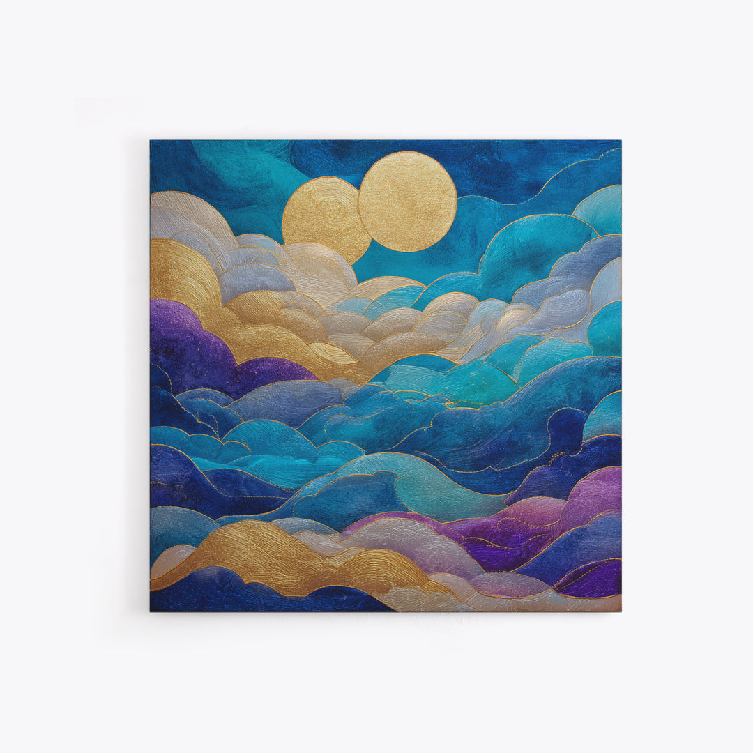 Golden Sun over Abstract Ocean Waves Framed Canvas Print, Celestial Art, Collage Art, Living Room Decor, Fine Art, Celestial, CEL-1x1-71