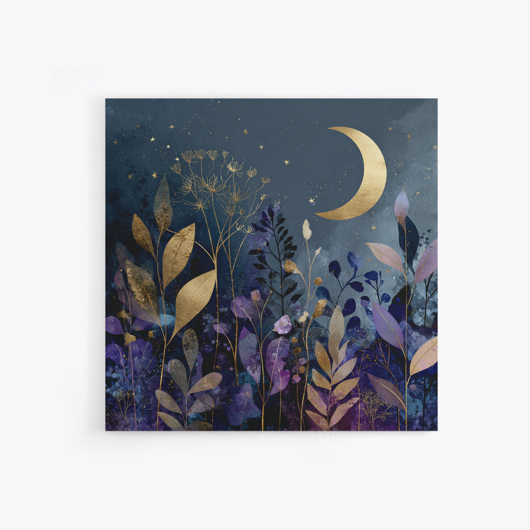Lunar Phase Arc Above Delicate Botanicals Canvas Print, Celestial Art, Collage Art, Living Room Decor, Watercolor Art, CEL-1x1-76