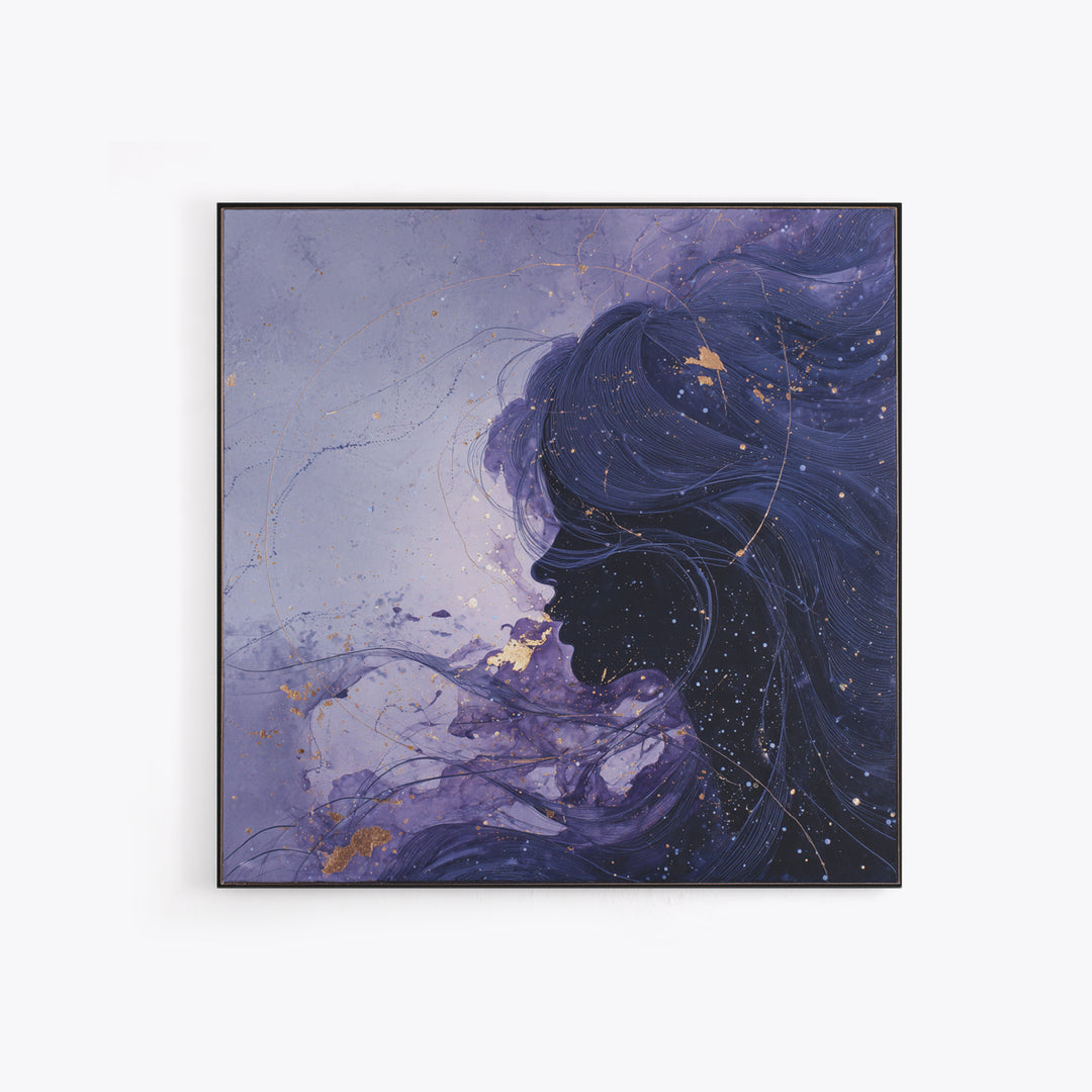 Celestial Goddess with Flowing Midnight Hair Framed Canvas Print, Celestial Art, Wall Decor, Living Room Decor, Celestial, CEL-1x1-79