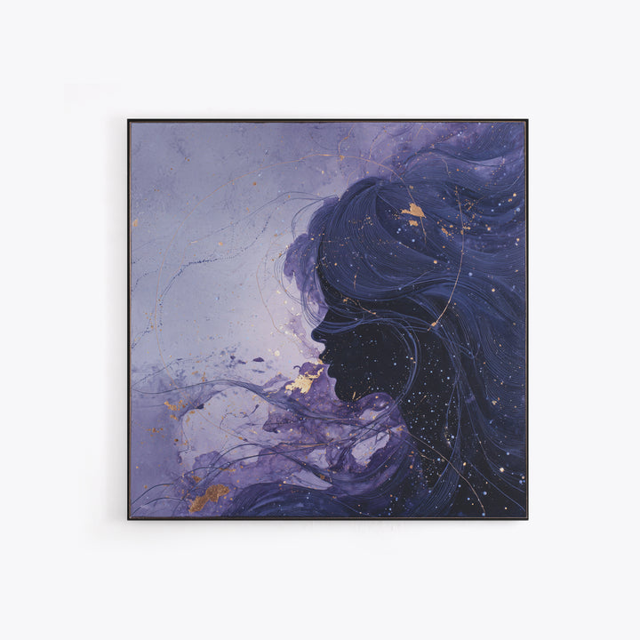 Celestial Goddess with Flowing Midnight Hair Framed Canvas Print, Celestial Art, Wall Decor, Living Room Decor, Celestial, CEL-1x1-79
