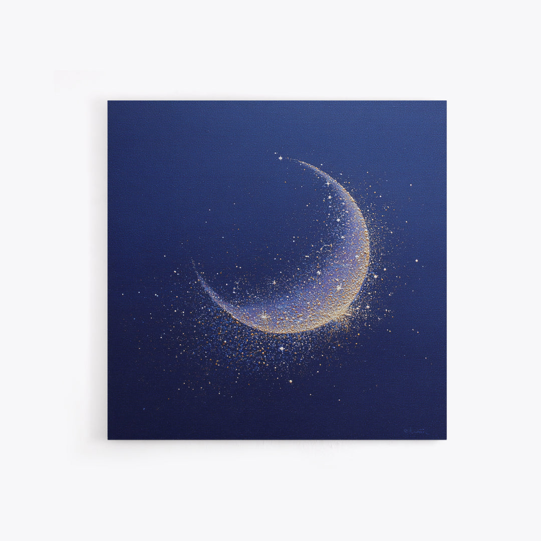 Crescent Moon Cradling a Cluster of Stars Canvas Print, Celestial Art, Luxury Decor, Living Room Decor, Oil Painting, Celestial, CEL-1x1-97