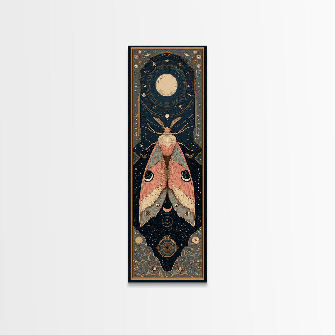 Celestial Moth with Moon Markings Framed Canvas Print, Celestial Art, Celestial Decor, Living Room Decor, Oil Painting, CEL-1x3-30