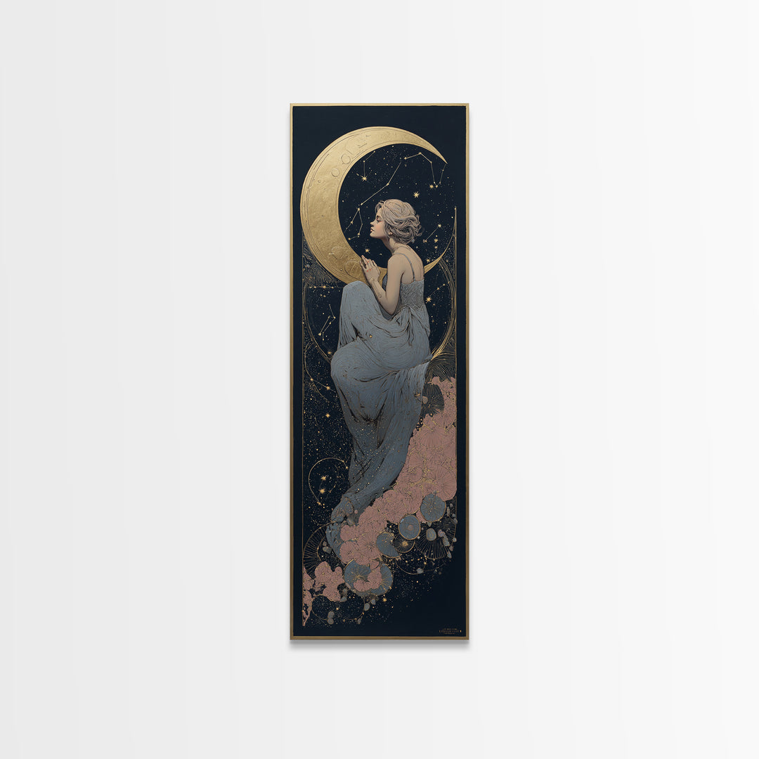 Crescent Moon Cradling a Cluster of Stars Canvas Print, Celestial Art, Minimalist Art, Living Room Decor, Fine Art, Celestial, CEL-1x3-37