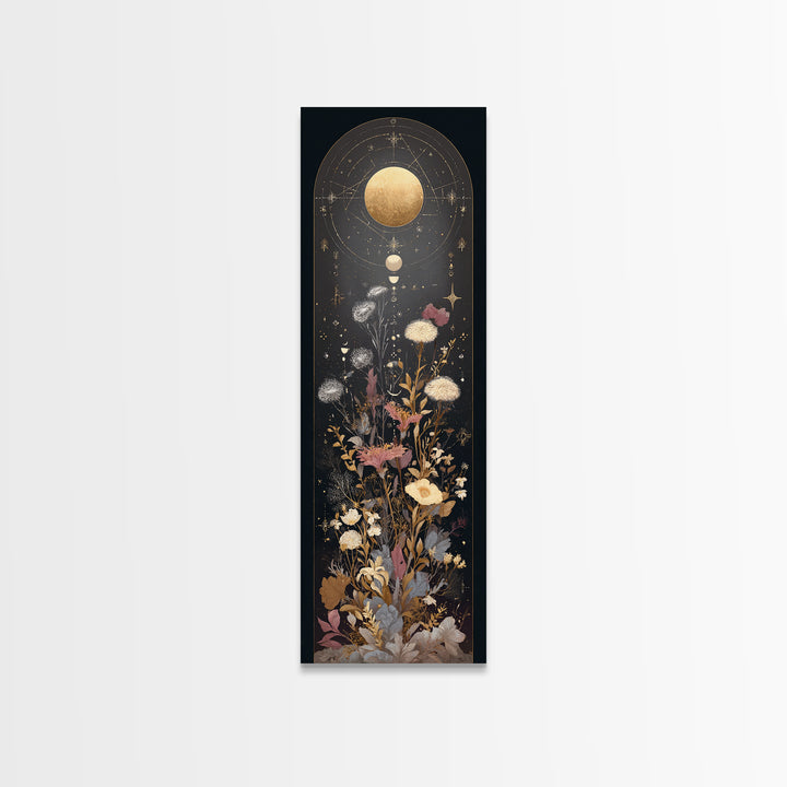 Lunar Phase Arc Above Delicate Botanicals Canvas Print, Celestial Art, Room Decor, Living Room Decor, Oil Painting, Celestial, CEL-1x3-40
