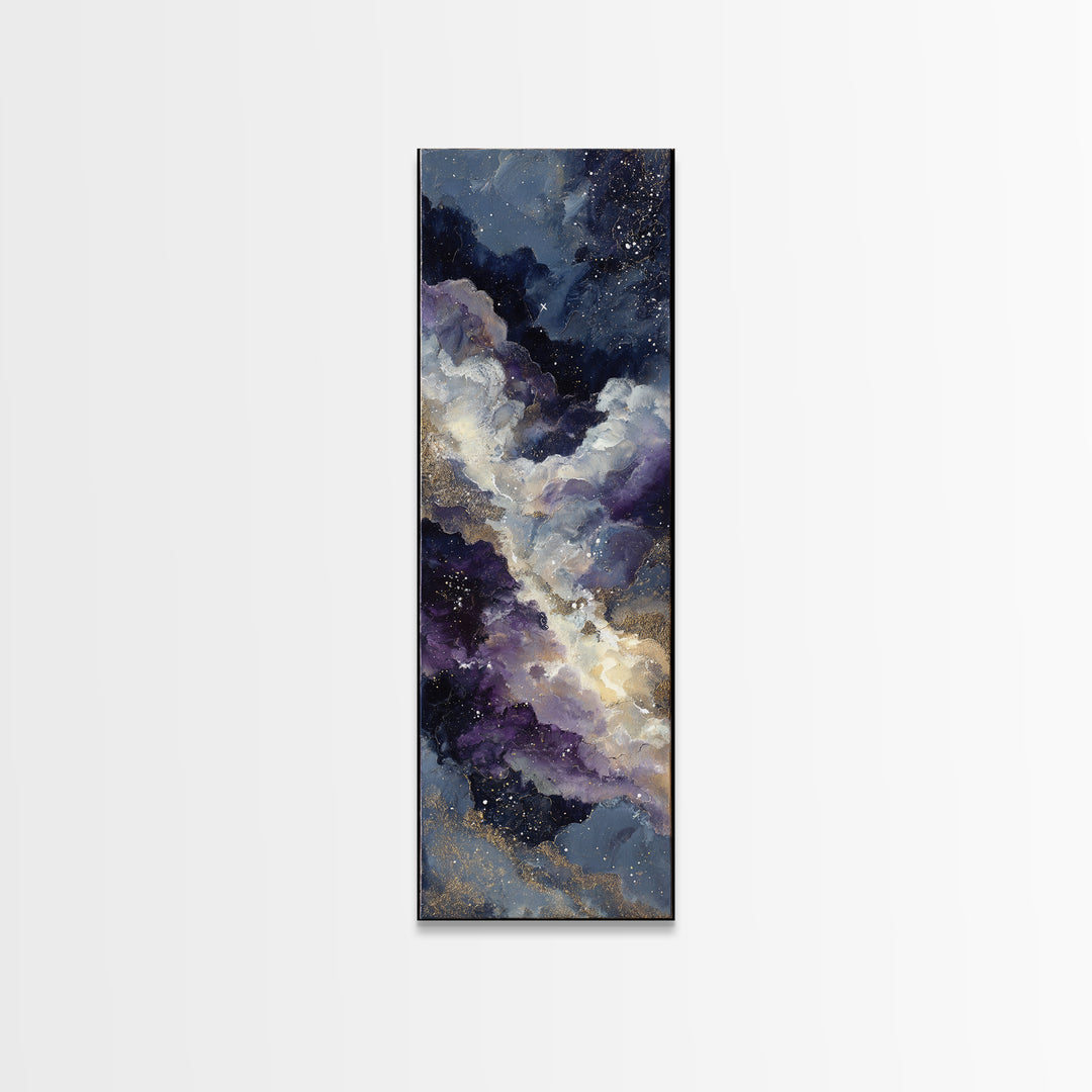 Moonlit Cloudscape with Silver Highlights Framed Canvas Print, Celestial Art, Fantasy Art, Living Room Decor, Oil Painting, CEL-1x3-45