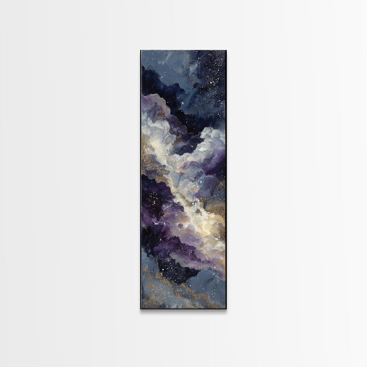 Moonlit Cloudscape with Silver Highlights Framed Canvas Print, Celestial Art, Fantasy Art, Living Room Decor, Oil Painting, CEL-1x3-45