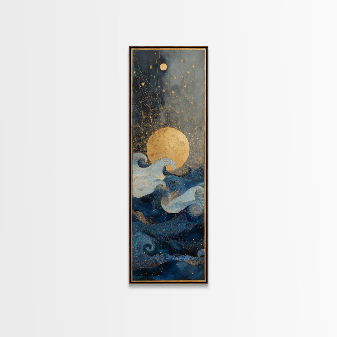 Golden Sun over Abstract Ocean Waves Framed Canvas Print, Celestial Art, Witchy Decor, Living Room Decor, Fine Art, Celestial, CEL-1x3-83