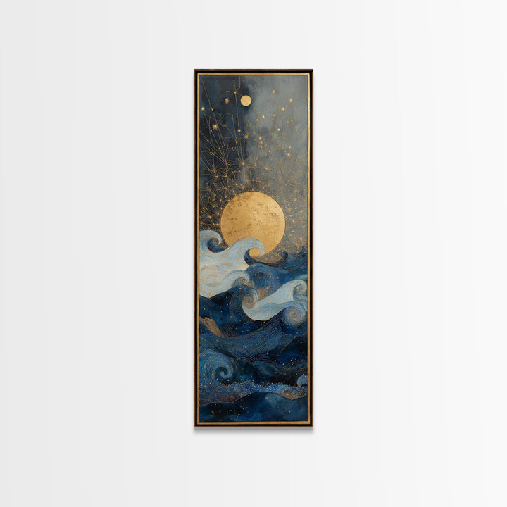 Golden Sun over Abstract Ocean Waves Framed Canvas Print, Celestial Art, Witchy Decor, Living Room Decor, Fine Art, Celestial, CEL-1x3-83