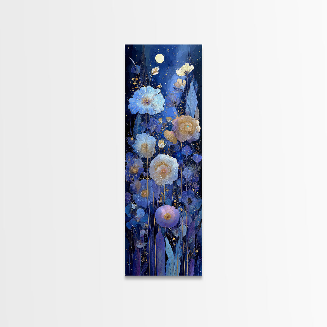 Moon Garden with Night Blooming Flowers Canvas Print, Celestial Art, Boho Art, Living Room Decor, Watercolor Art, Celestial, CEL-1x3-9