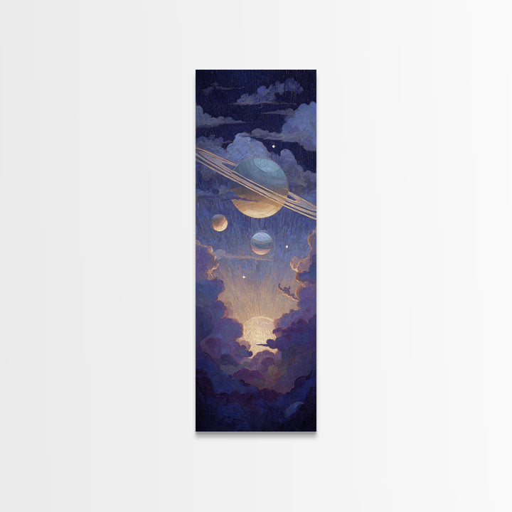 Glowing Planet with Rings and Tiny Moons Canvas Print, Celestial Art, Modern Decor, Living Room Decor, Oil Painting, Celestial, CEL-1x3-90