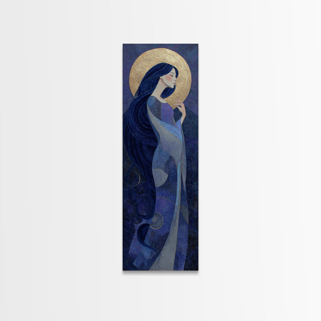 Celestial Goddess with Flowing Midnight Hair Framed Canvas Print, Celestial Art, Retro Wall Art, Living Room Decor, Celestial, CEL-1x3-91