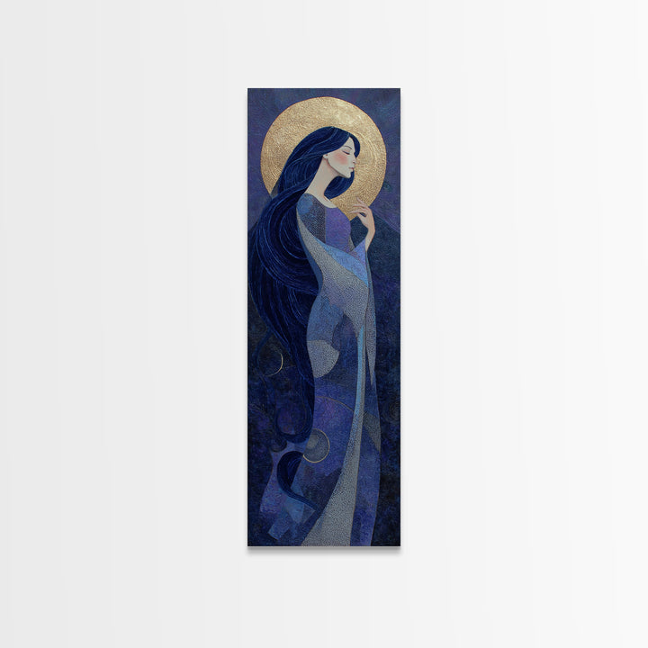Celestial Goddess with Flowing Midnight Hair Framed Canvas Print, Celestial Art, Retro Wall Art, Living Room Decor, Celestial, CEL-1x3-91