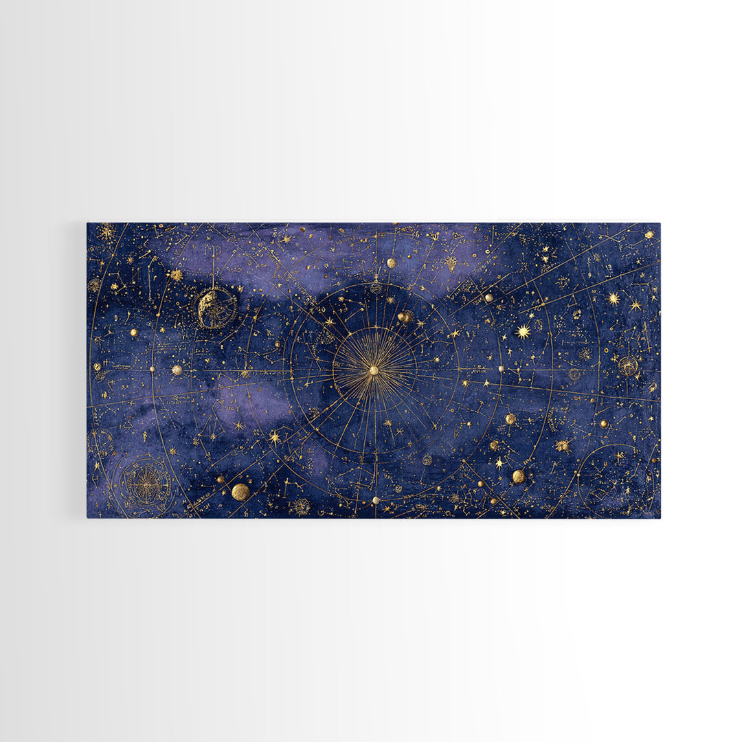 Gold Constellation Map on Deep Navy Texture Framed Canvas Print, Celestial Art, Whimsical Art, Living Room Decor, Celestial, CEL-2x1-100
