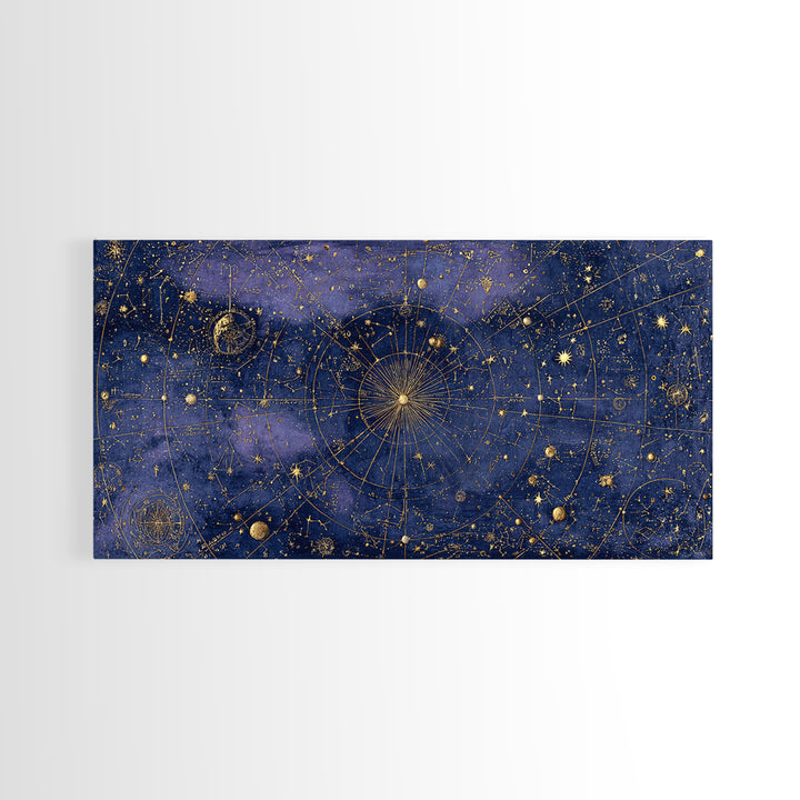 Gold Constellation Map on Deep Navy Texture Framed Canvas Print, Celestial Art, Whimsical Art, Living Room Decor, Celestial, CEL-2x1-100