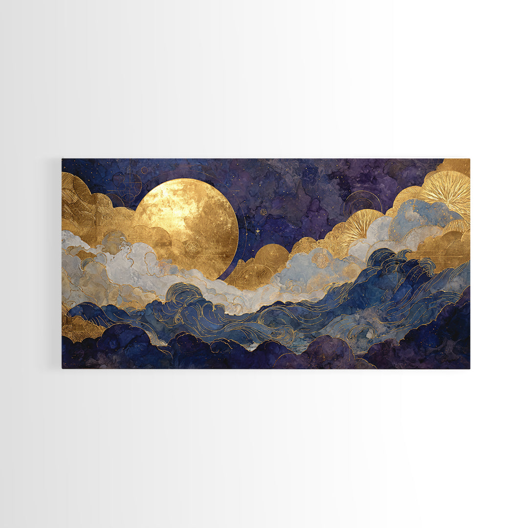 Golden Sun over Abstract Ocean Waves Framed Canvas Print, Celestial Art, Collage Art, Living Room Decor, Fine Art, Celestial, CEL-2x1-19