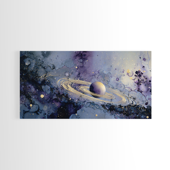 Glowing Planet with Rings and Tiny Moons Canvas Print, Celestial Art, Neutral Decor, Living Room Decor, Abstract Art, Celestial, CEL-2x1-2