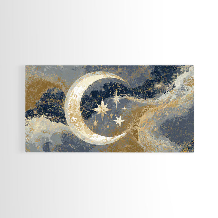 Crescent Moon Cradling a Cluster of Stars Canvas Print, Celestial Art, Luxury Decor, Living Room Decor, Oil Painting, Celestial, CEL-2x1-21