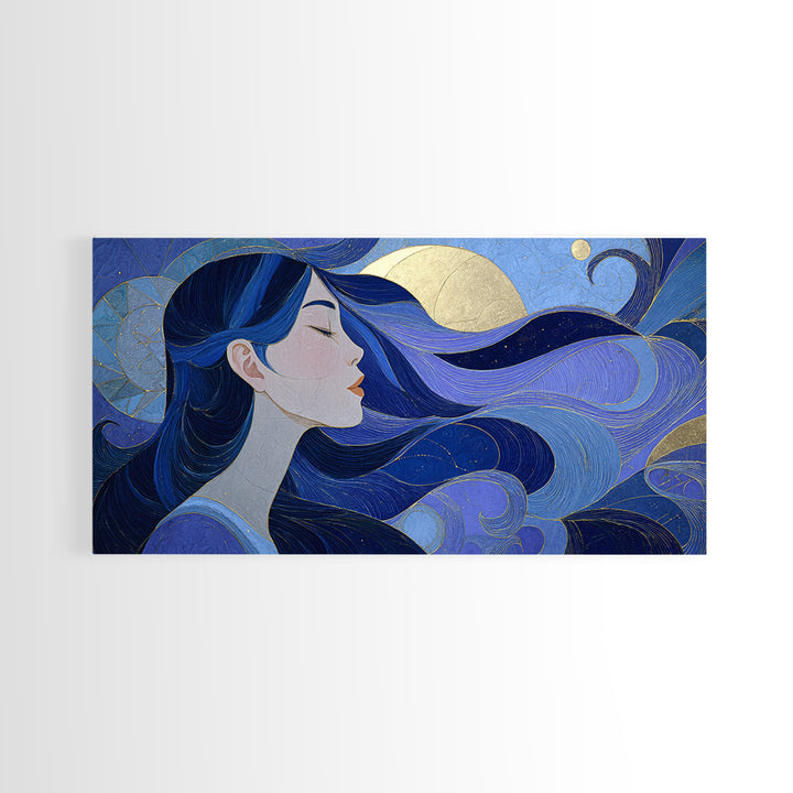 Celestial Goddess with Flowing Midnight Hair Framed Canvas Print, Celestial Art, Celestial, Living Room Decor, Celestial, CEL-2x1-3