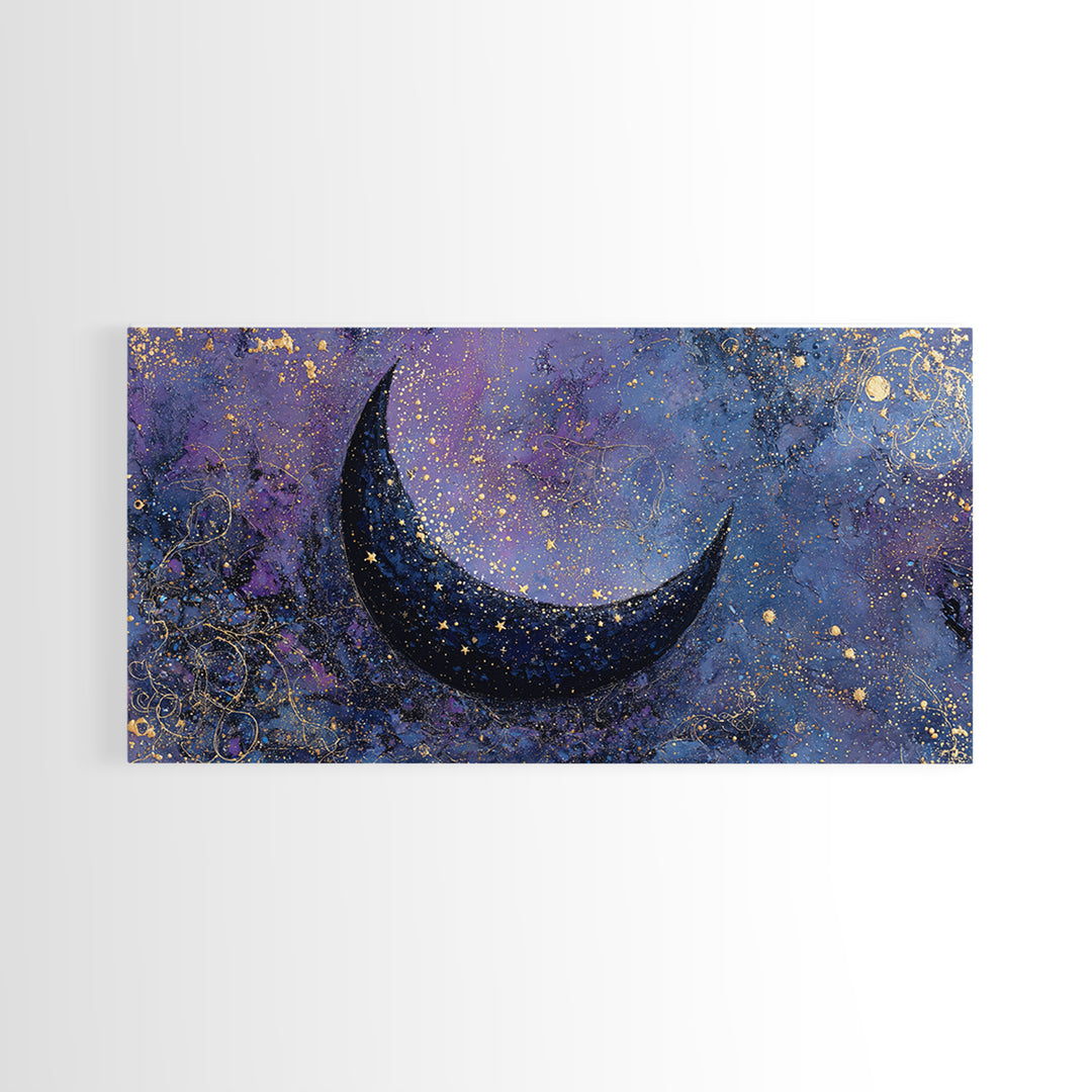 Crescent Moon Cradling a Cluster of Stars Framed Canvas Print, Celestial Art, Contemporary Art, Living Room Decor, Celestial, CEL-2x1-45