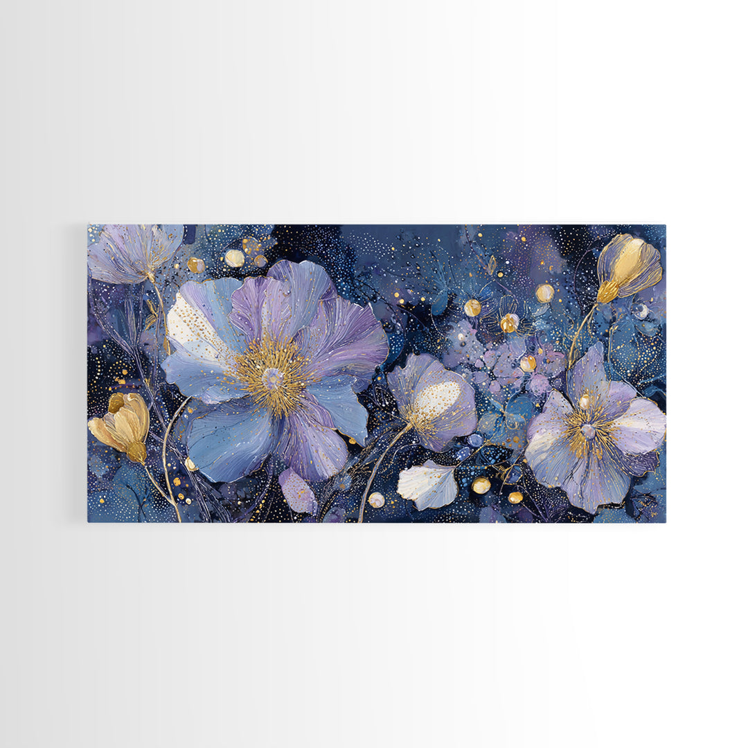 Moon Garden with Night Blooming Flowers Framed Canvas Print, Celestial Art, Minimalist Decor, Living Room Decor, Celestial, CEL-2x1-65