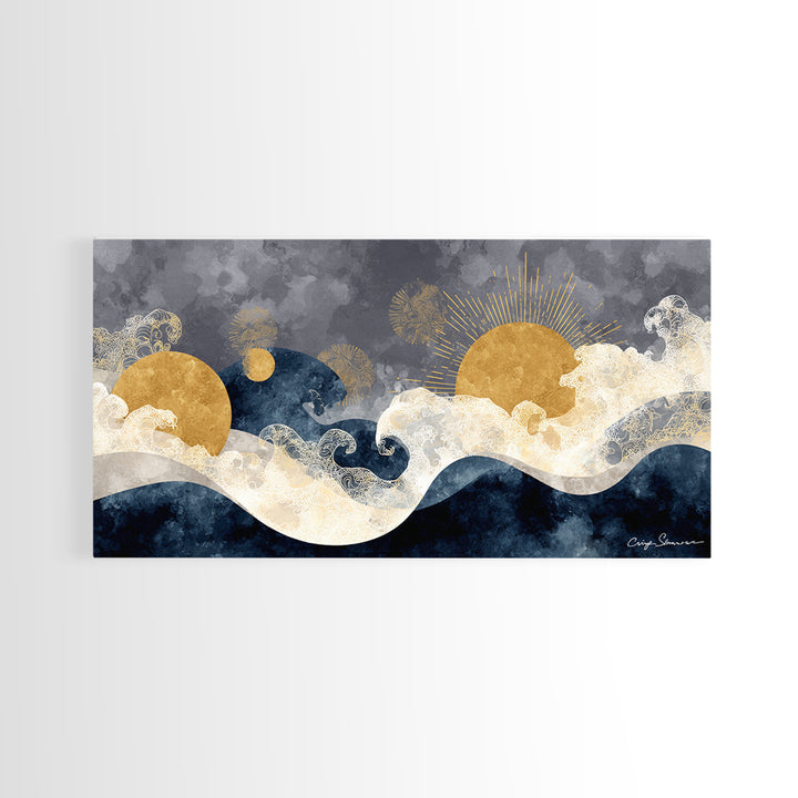 Golden Sun over Abstract Ocean Waves Framed Canvas Print, Celestial Art, Art Nouveau Decor, Living Room Decor, Celestial, CEL-2x1-67