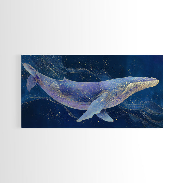 Cosmic Whale Swimming Through a Star Field Framed Canvas Print, Celestial Art, Digital Print, Living Room Decor, Celestial, CEL-2x1-97
