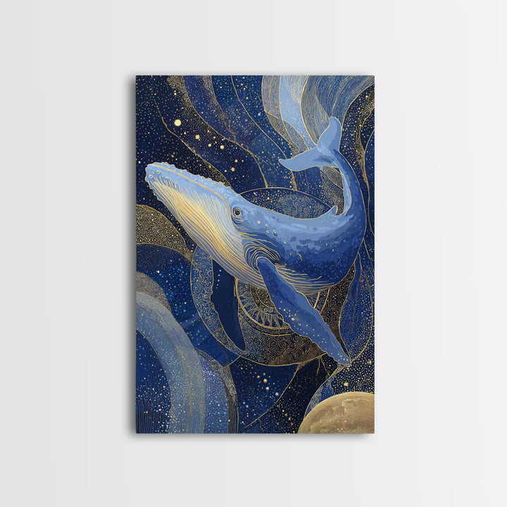 Cosmic Whale Swimming Through a Star Field Framed Canvas Print, Celestial Art, Room Decor, Living Room Decor, Celestial, CEL-2x3-13