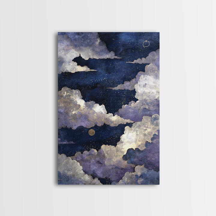 Moonlit Cloudscape with Silver Highlights Canvas Print, Celestial Art, Textured Painting, Living Room Decor, Celestial, CEL-2x3-17