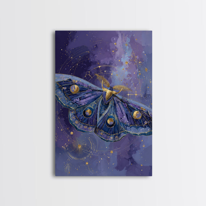 Celestial Moth with Moon Markings Framed Canvas Print, Celestial Art, Gallery Decor, Living Room Decor, Abstract Art, Celestial, CEL-2x3-26