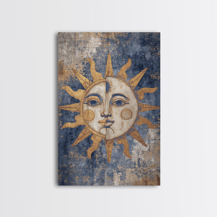 Sun and Moon Faces Framed Canvas Print, Celestial Art, Luxury Decor, Living Room Decor, Oil Painting, Celestial, Digital Print, CEL-2x3-34