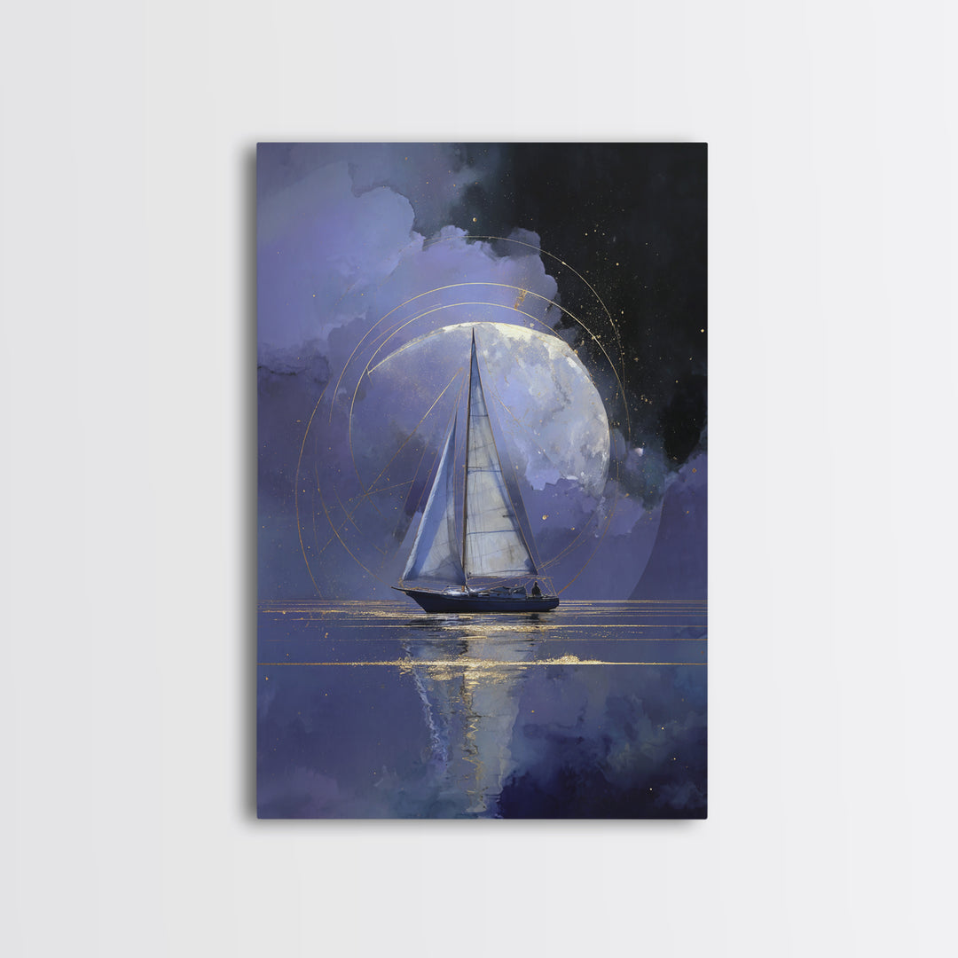 Tiny Sailboat Beneath a Huge Moon Framed Canvas Print, Celestial Art, Animal Prints, Living Room Decor, Oil Painting, Celestial, CEL-2x3-51