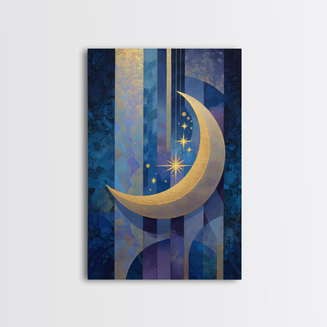 Crescent Moon Cradling a Cluster of Stars Canvas Print, Celestial Art, Living Room Decor, Oil Painting, Celestial, CEL-2x3-57