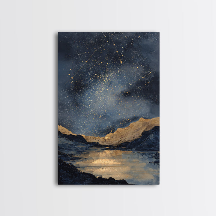 Night Sky over a Quiet Mountain Lake Framed Canvas Print, Celestial Art, Boho Decor, Living Room Decor, Fine Art, Celestial, CEL-2x3-59