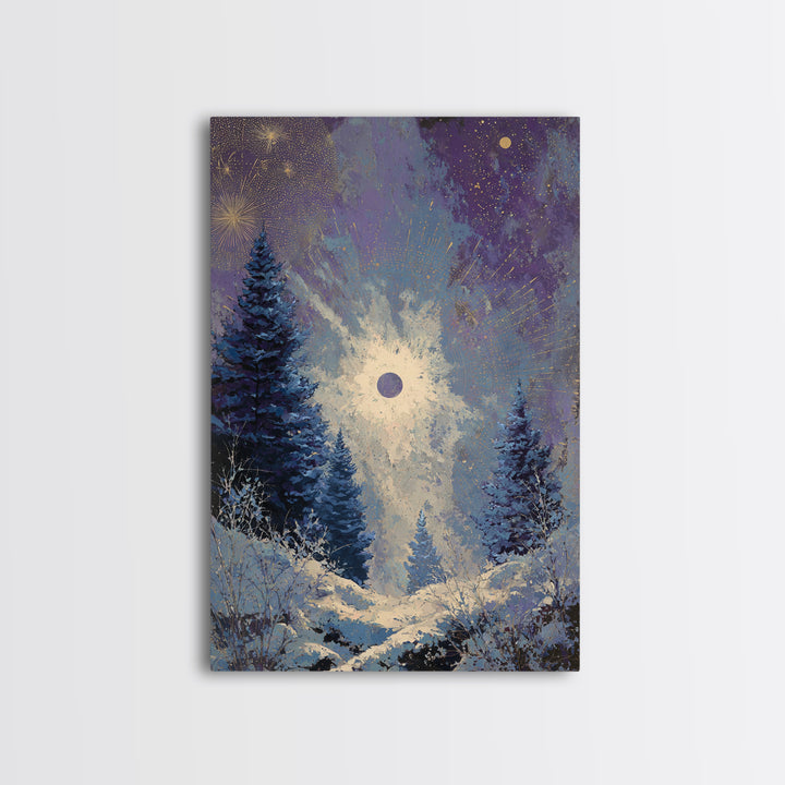 Aurora Borealis over Snowy Pines Framed Canvas Print, Celestial Art, Printable Wall Art, Living Room Decor, Fine Art, Celestial, CEL-2x3-73