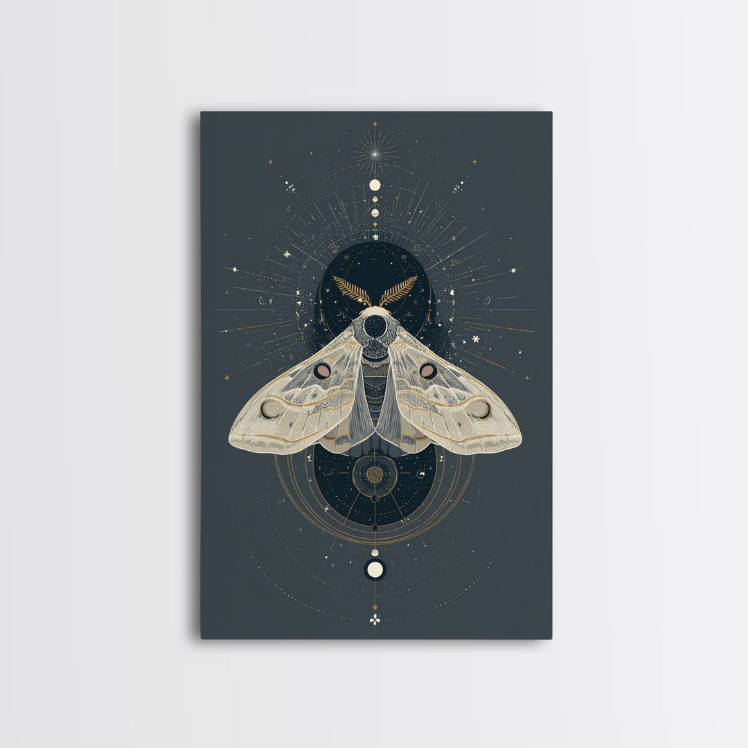 Celestial Moth with Moon Markings Framed Canvas Print, Celestial Art, Living Room Decor, Watercolor Art, Celestial, CEL-2x3-74