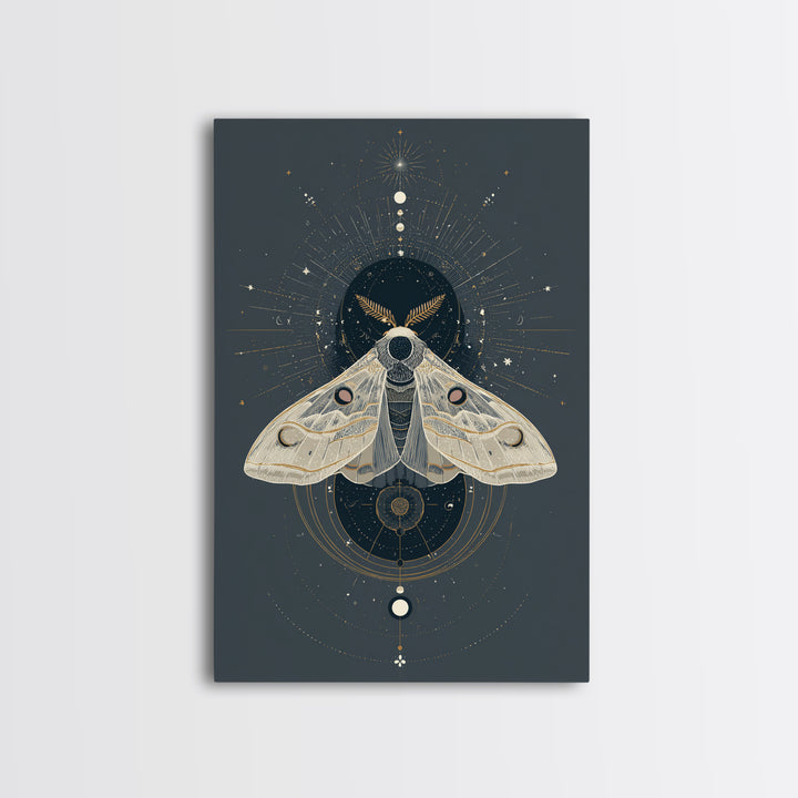 Celestial Moth with Moon Markings Framed Canvas Print, Celestial Art, Living Room Decor, Watercolor Art, Celestial, CEL-2x3-74